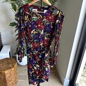 Leslie Fay Vintage Floral Long Sleeve Midi Dress S 12 Tie Waist Cottage Garden